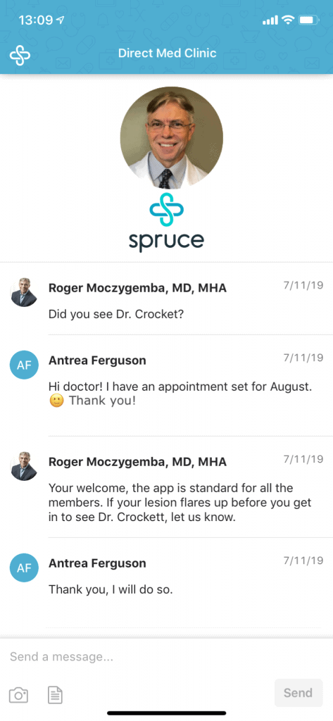 Spruce screenshot of talk between Dr. Moczygemba and Antrea Ferguson