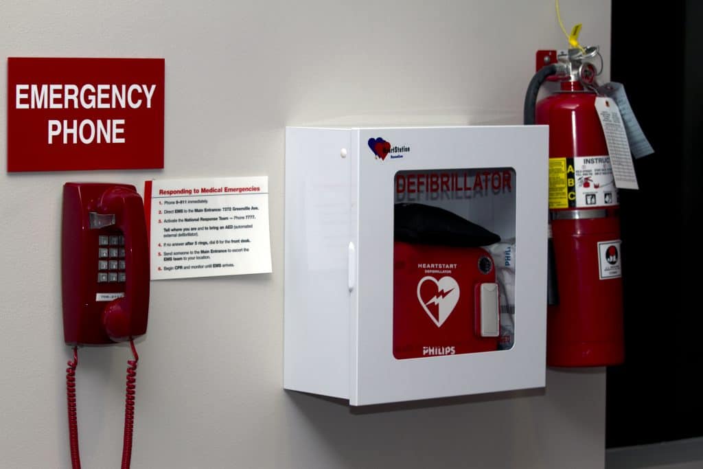Emergency Equipment for CPR, defibrillator, emergency phone, fire extinguisher