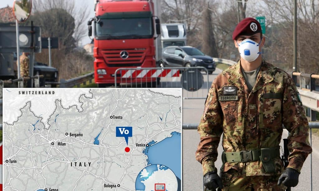 City of Vò and soldier wearing mask in Italy near red truck