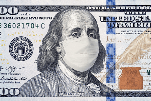 Benjamin Franklin in mask on the cover of a one-hundred dollar bill