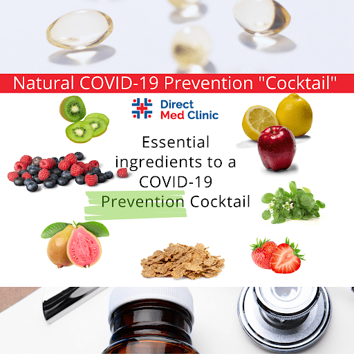 Gel caps, stethoscope, kiwi, lemon, berries, bran flakes, strawberries, cilantro, lettuce, vitamin bottle as essential ingredients to a COVID-19 prevention cocktail.