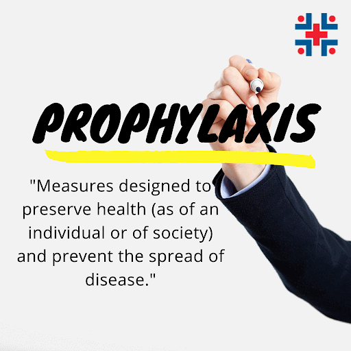 Arm writing: PROPHYLAXIS (against COVID) Measures designed to preserve health (as of an individual or of society) and prevent the spread of disease.